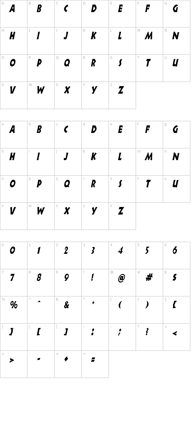 ZorbaCondensed Italic character map
