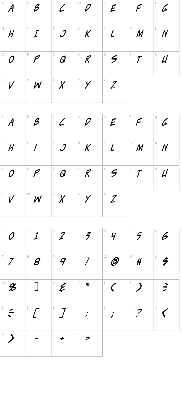 Zud Juice Italic character map